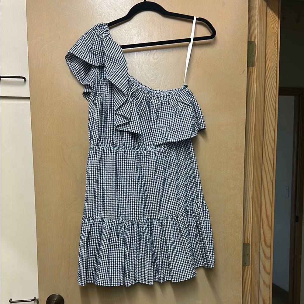 MINKPINK Navy and White Checkered One-Shoulder Dress